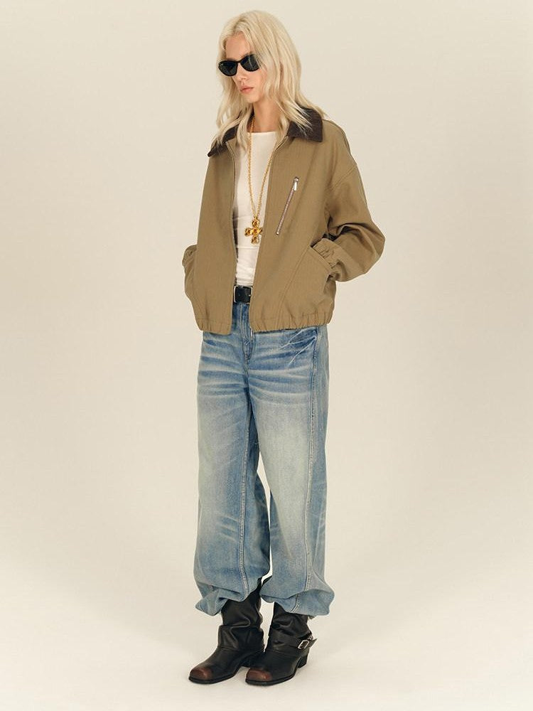 AFTADAWN Twill Texture Patchwork Colorblock Lapel Zip Women&