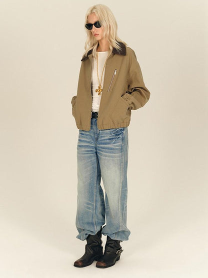 AFTADAWN Twill Texture Patchwork Colorblock Lapel Zip Women&