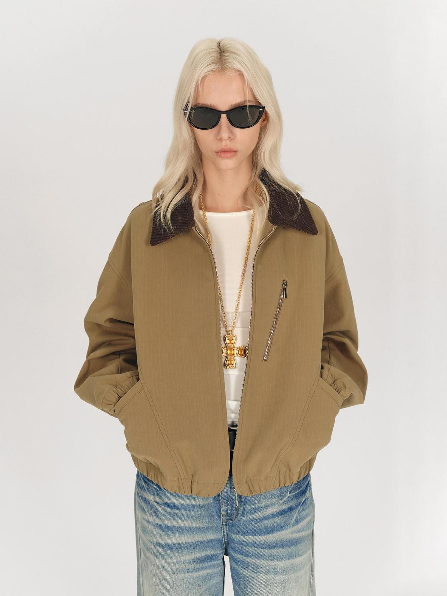 AFTADAWN Twill Texture Patchwork Colorblock Lapel Zip Women&