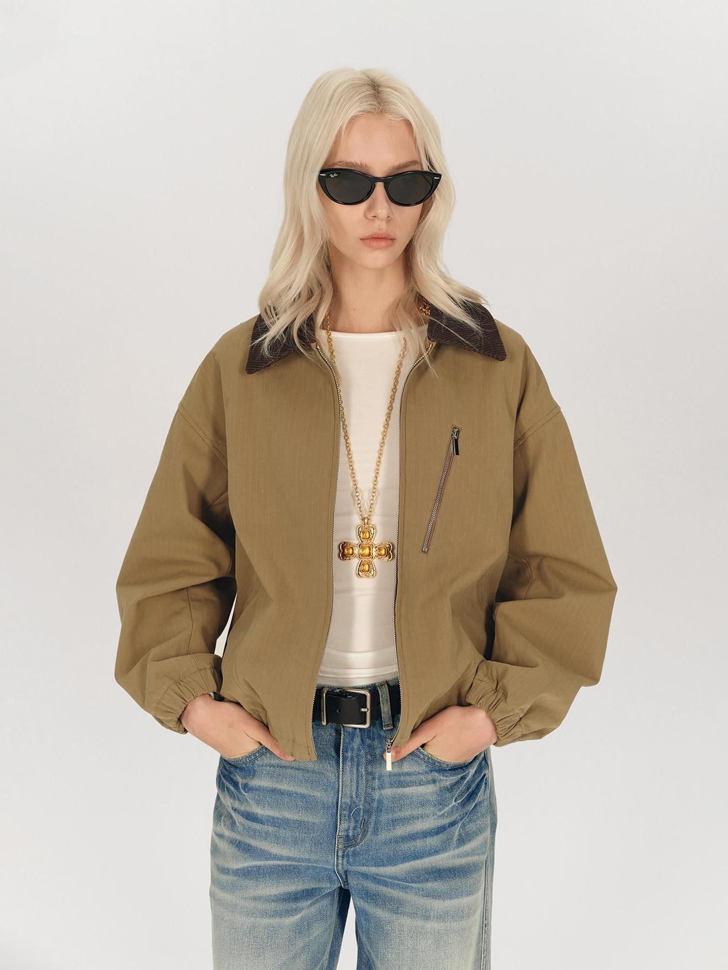 AFTADAWN Twill Texture Patchwork Colorblock Lapel Zip Women&