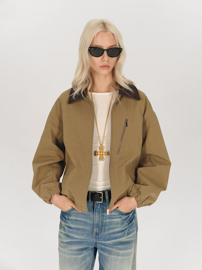 AFTADAWN Twill Texture Patchwork Colorblock Lapel Zip Women&