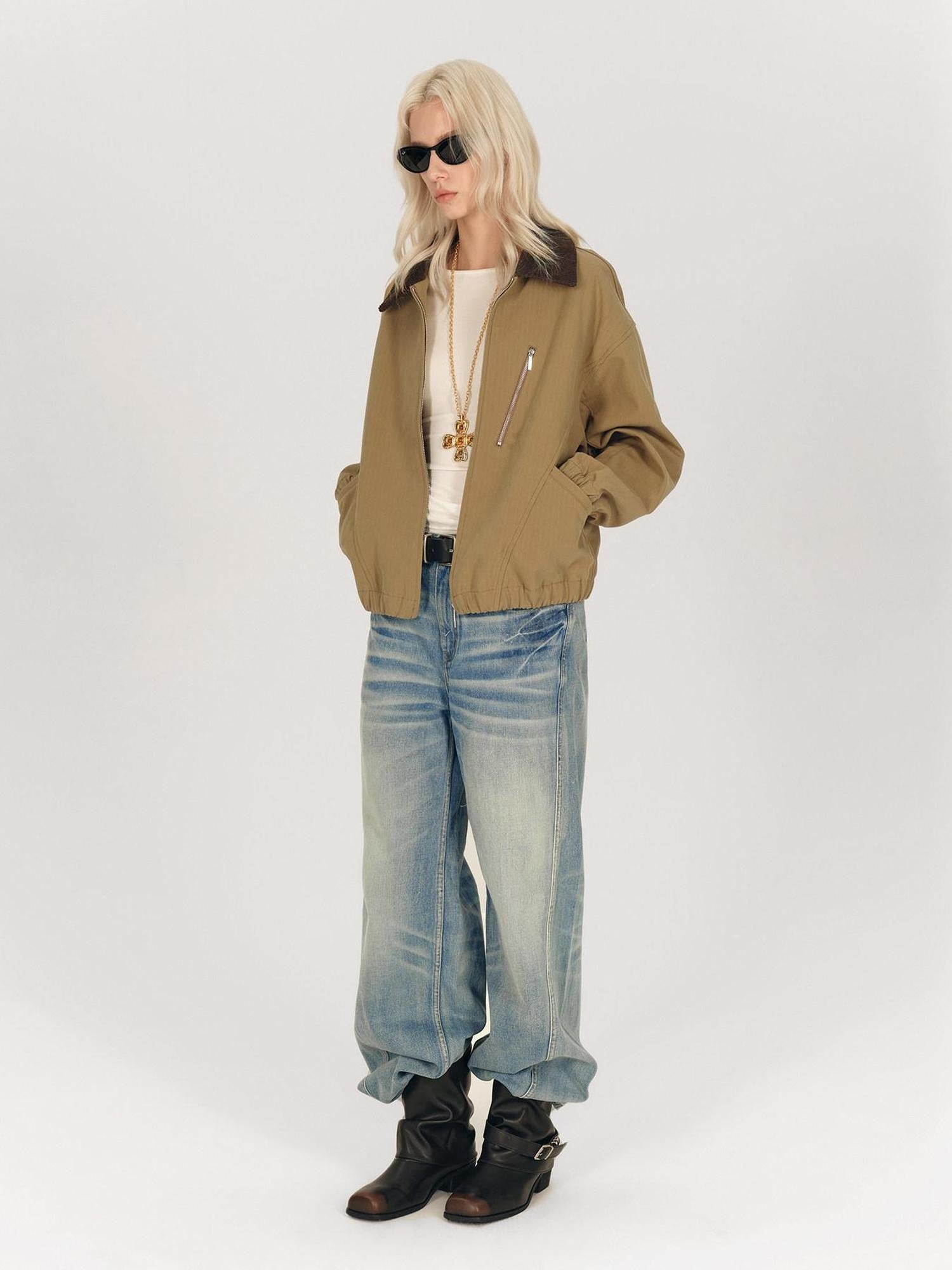 AFTADAWN Twill Texture Patchwork Colorblock Lapel Zip Women&