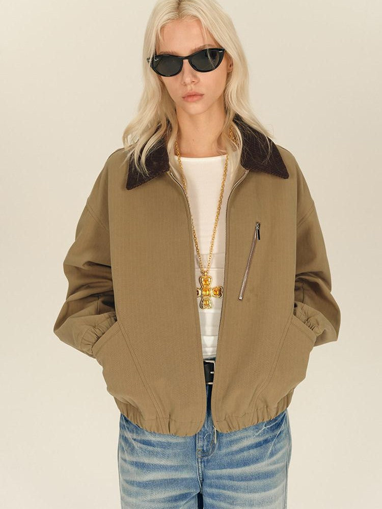 AFTADAWN Twill Texture Patchwork Colorblock Lapel Zip Women&