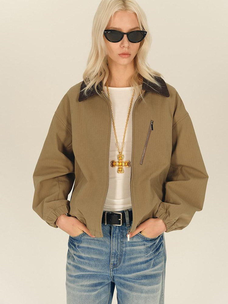 AFTADAWN Twill Texture Patchwork Colorblock Lapel Zip Women&