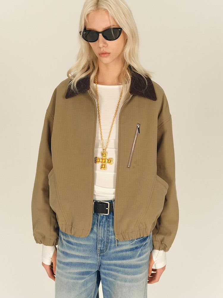 AFTADAWN Twill Texture Patchwork Colorblock Lapel Zip Women&