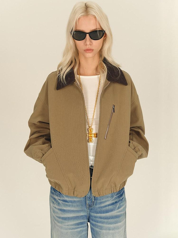 AFTADAWN Twill Texture Patchwork Colorblock Lapel Zip Women&