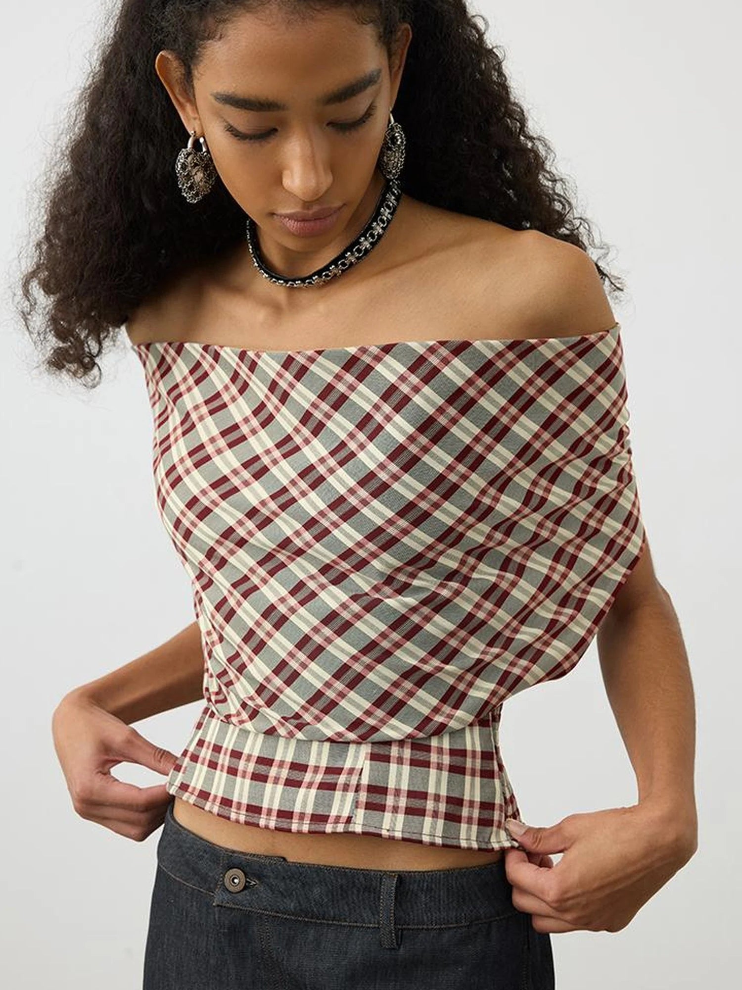 Two In One Halter Neck Tops With Draped Cowl Neck And Checkered Pattern