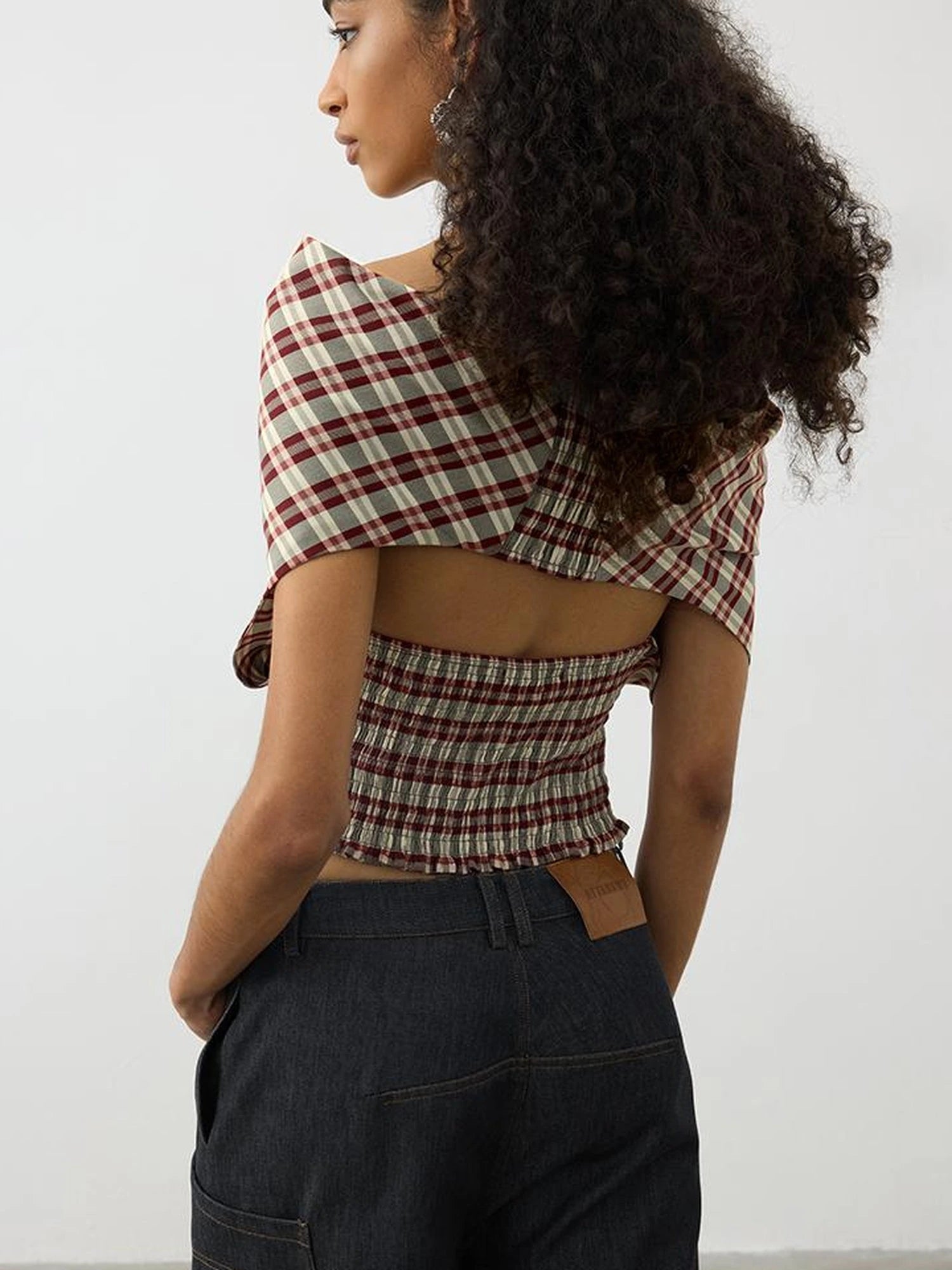 Two In One Halter Neck Tops With Draped Cowl Neck And Checkered Pattern