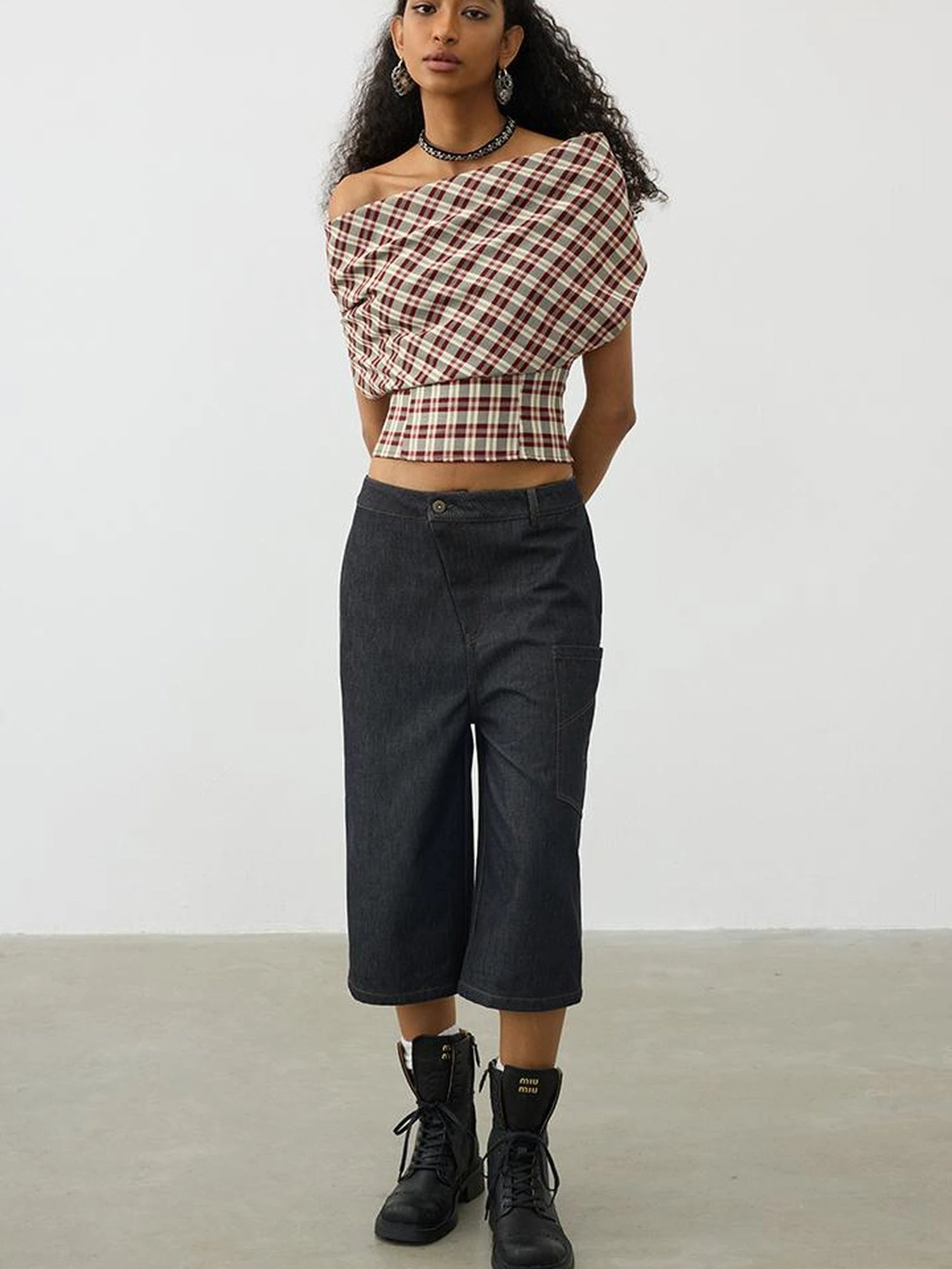 Two In One Halter Neck Tops With Draped Cowl Neck And Checkered Pattern