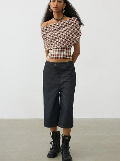 Two In One Halter Neck Tops With Draped Cowl Neck And Checkered Pattern