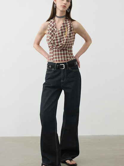 Two In One Halter Neck Tops With Draped Cowl Neck And Checkered Pattern
