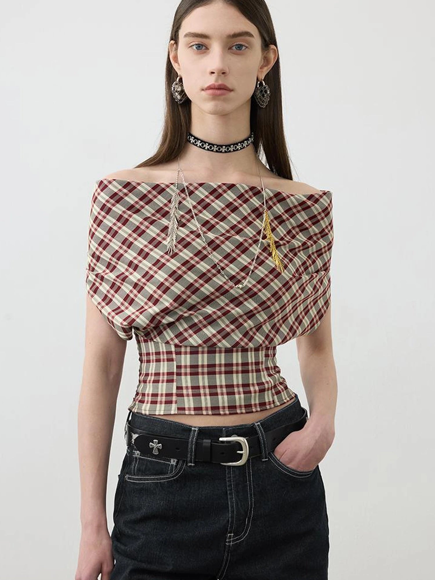 Two In One Halter Neck Tops With Draped Cowl Neck And Checkered Pattern