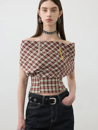 Two In One Halter Neck Tops With Draped Cowl Neck And Checkered Pattern