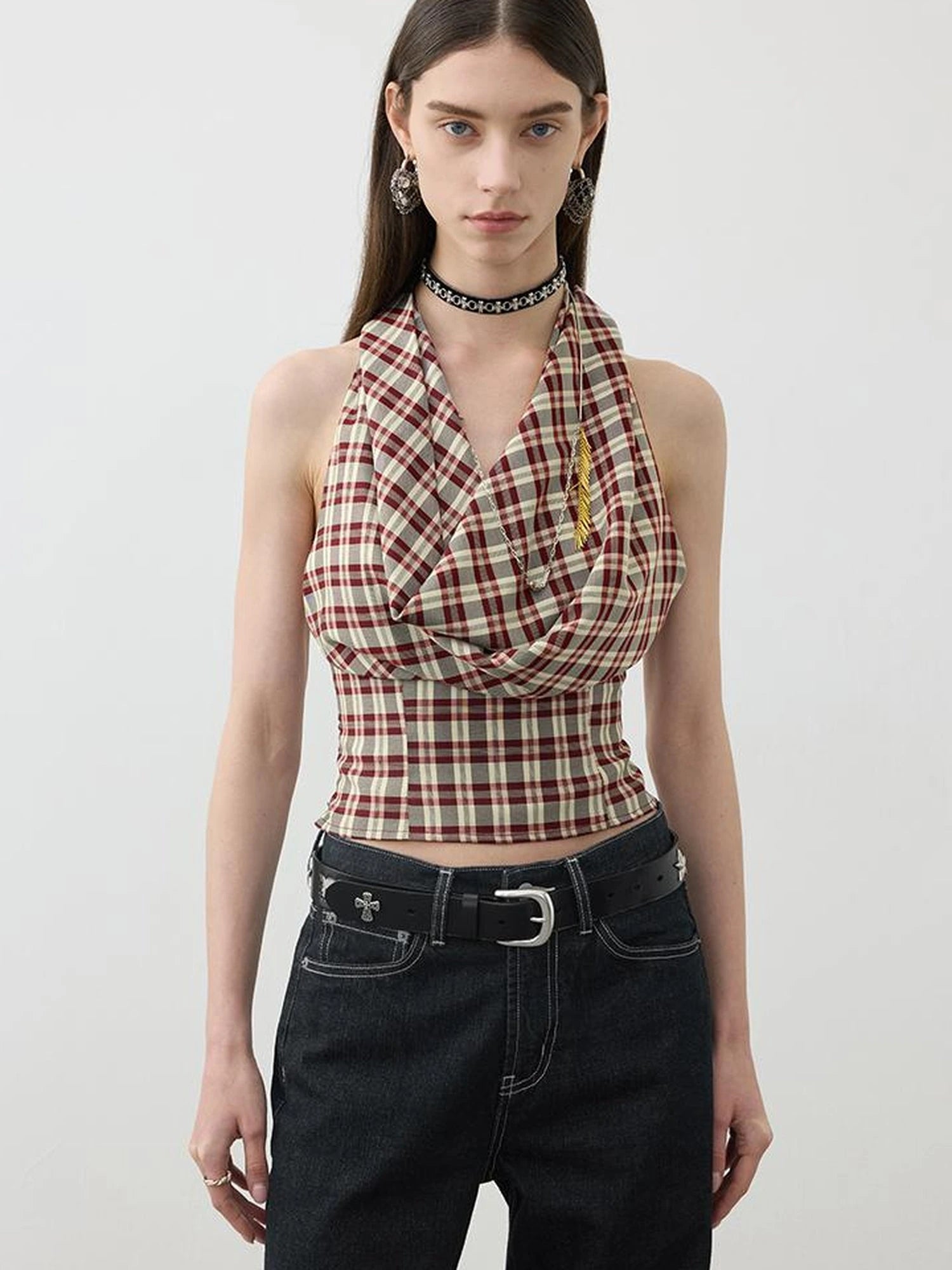 Two In One Halter Neck Tops With Draped Cowl Neck And Checkered Pattern