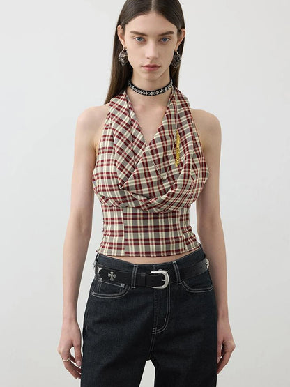 Two In One Halter Neck Tops With Draped Cowl Neck And Checkered Pattern