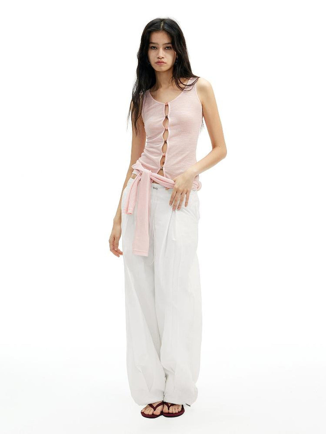 AFTADAWN Two In One Lyocell Beaded Placket Sheer Sleeveless Top