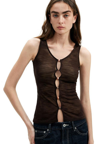 AFTADAWN Two In One Lyocell Beaded Placket Sheer Sleeveless Top