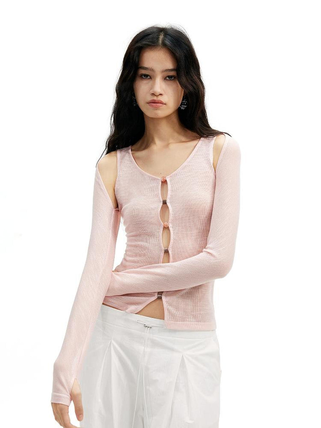 AFTADAWN Two In One Lyocell Beaded Placket Sheer Sleeveless Top