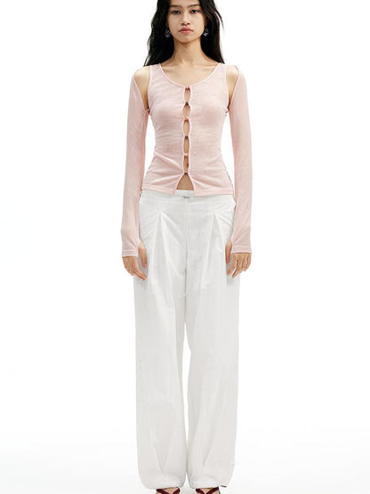 AFTADAWN Two In One Lyocell Beaded Placket Sheer Sleeveless Top