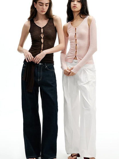 AFTADAWN Two In One Lyocell Beaded Placket Sheer Sleeveless Top