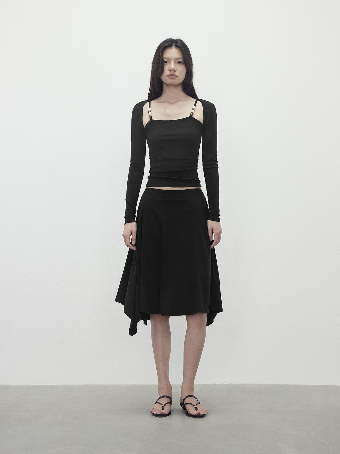 AFTADAWN Two Piece Beaded Sling Mock Neck Long Sleeve Top with Asymmetrical Skirt Set