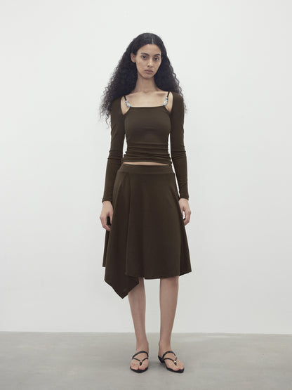 AFTADAWN Two Piece Beaded Sling Mock Neck Long Sleeve Top with Asymmetrical Skirt Set