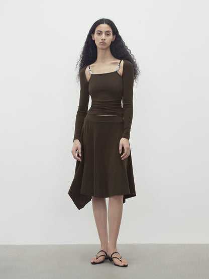 AFTADAWN Two Piece Beaded Sling Mock Neck Long Sleeve Top with Asymmetrical Skirt Set