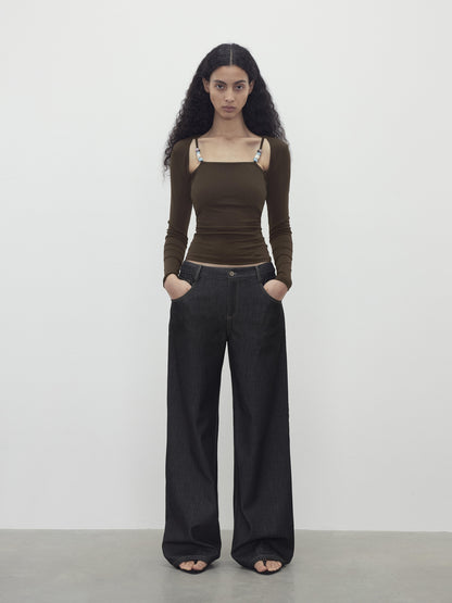 AFTADAWN Two Piece Beaded Sling Mock Neck Long Sleeve Top with Asymmetrical Skirt Set