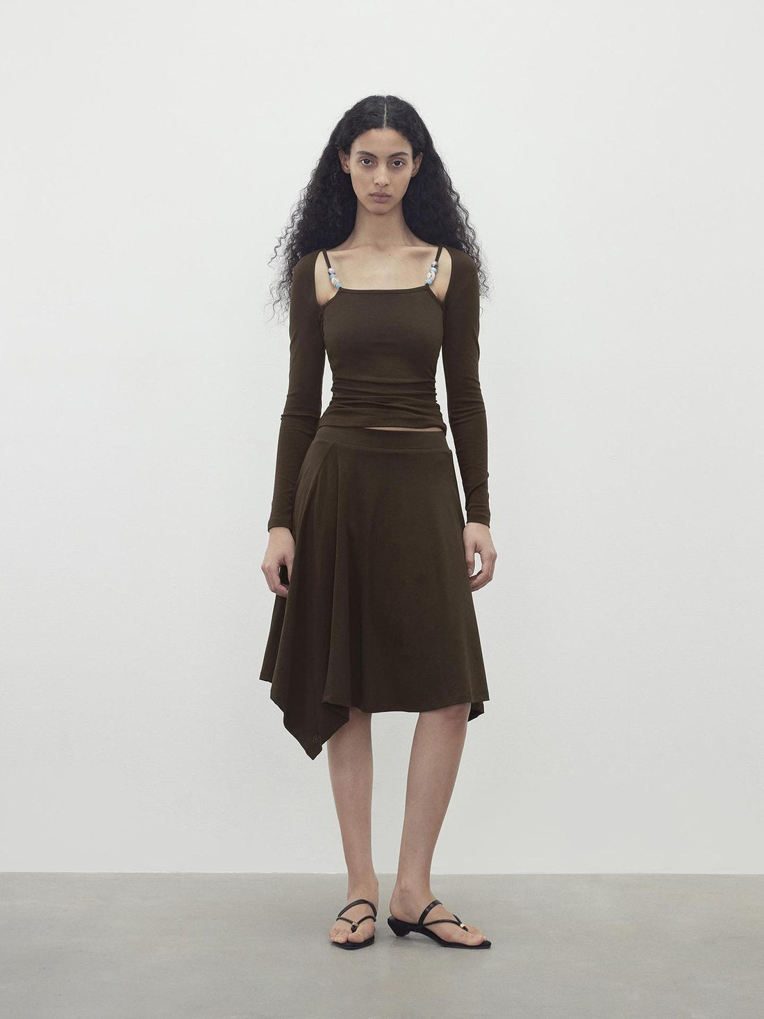 AFTADAWN Two Piece Beaded Sling Mock Neck Long Sleeve Top with Asymmetrical Skirt Set