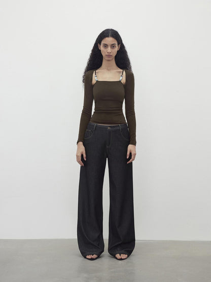 AFTADAWN Two Piece Beaded Sling Mock Neck Long Sleeve Top with Asymmetrical Skirt Set
