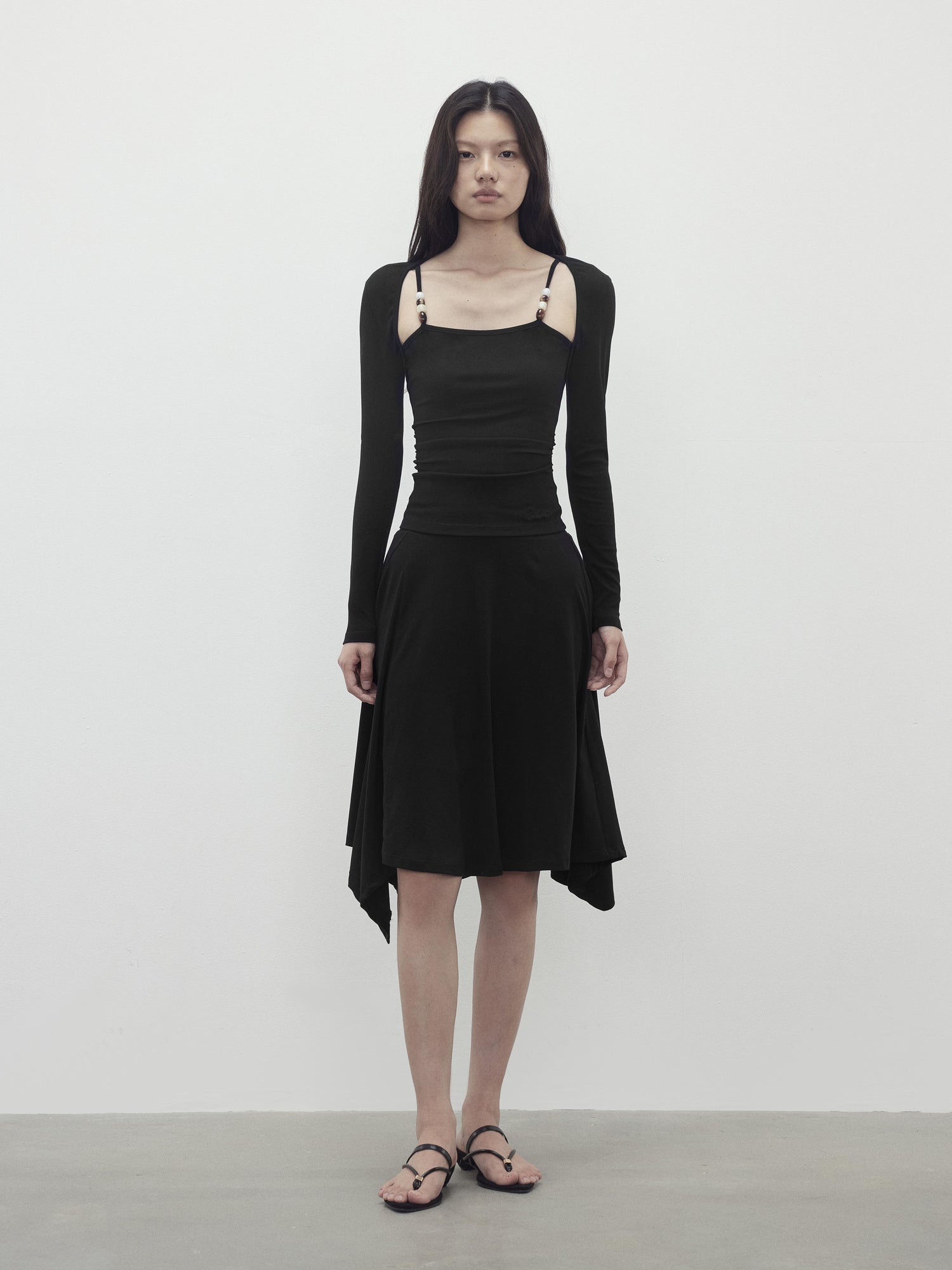 AFTADAWN Two Piece Beaded Sling Mock Neck Long Sleeve Top with Asymmetrical Skirt Set