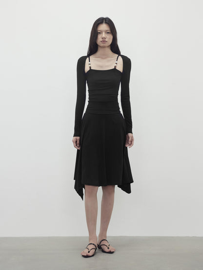AFTADAWN Two Piece Beaded Sling Mock Neck Long Sleeve Top with Asymmetrical Skirt Set