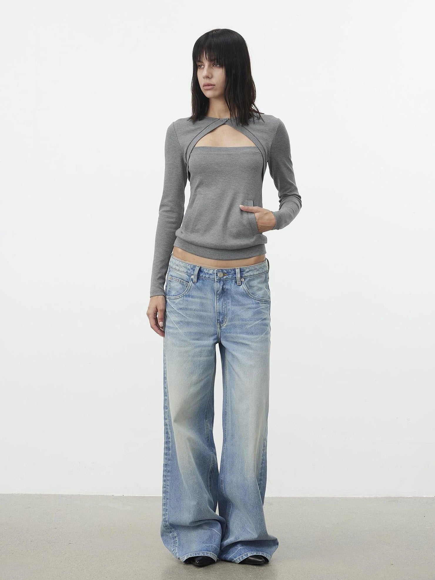 AFTADAWN Two Piece Layered Knit Top With Pockets T-shirt