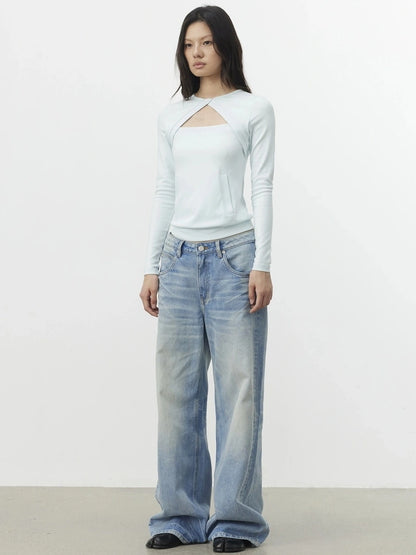 AFTADAWN Two Piece Layered Knit Top With Pockets T-shirt