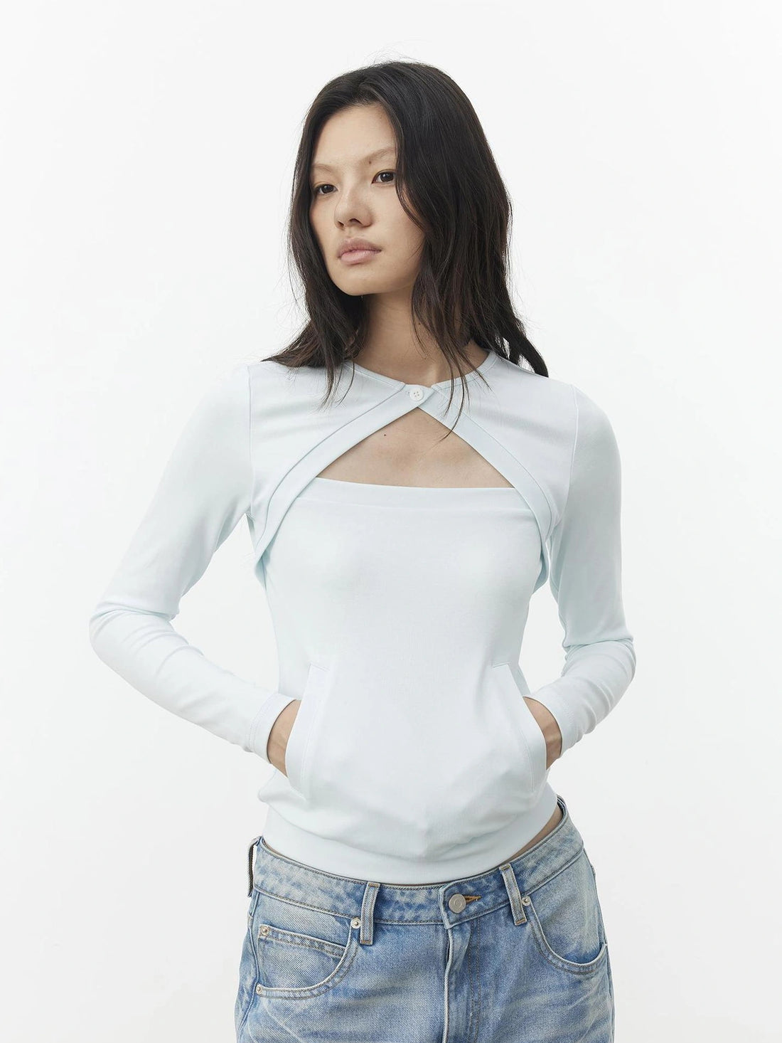 AFTADAWN Two Piece Layered Knit Top With Pockets T-shirt