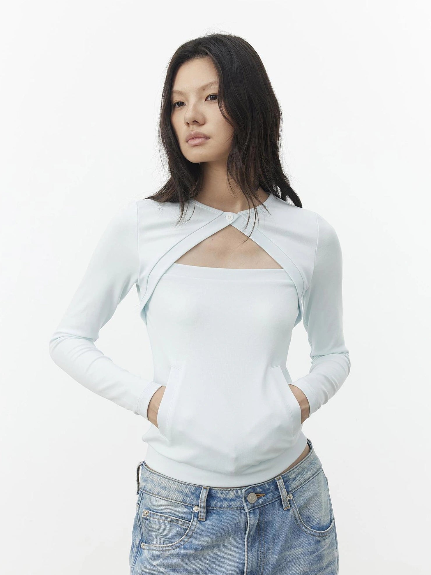 AFTADAWN Two Piece Layered Knit Top With Pockets T-shirt