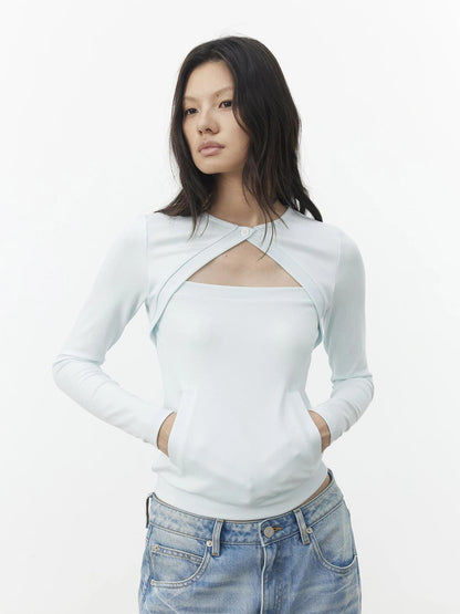 AFTADAWN Two Piece Layered Knit Top With Pockets T-shirt