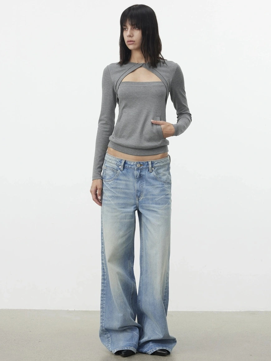 AFTADAWN Two Piece Layered Knit Top With Pockets T-shirt
