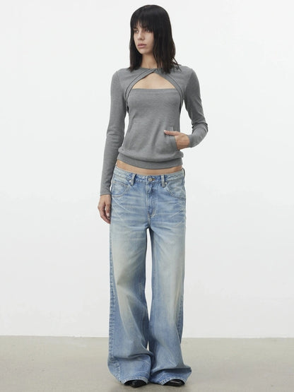 AFTADAWN Two Piece Layered Knit Top With Pockets T-shirt