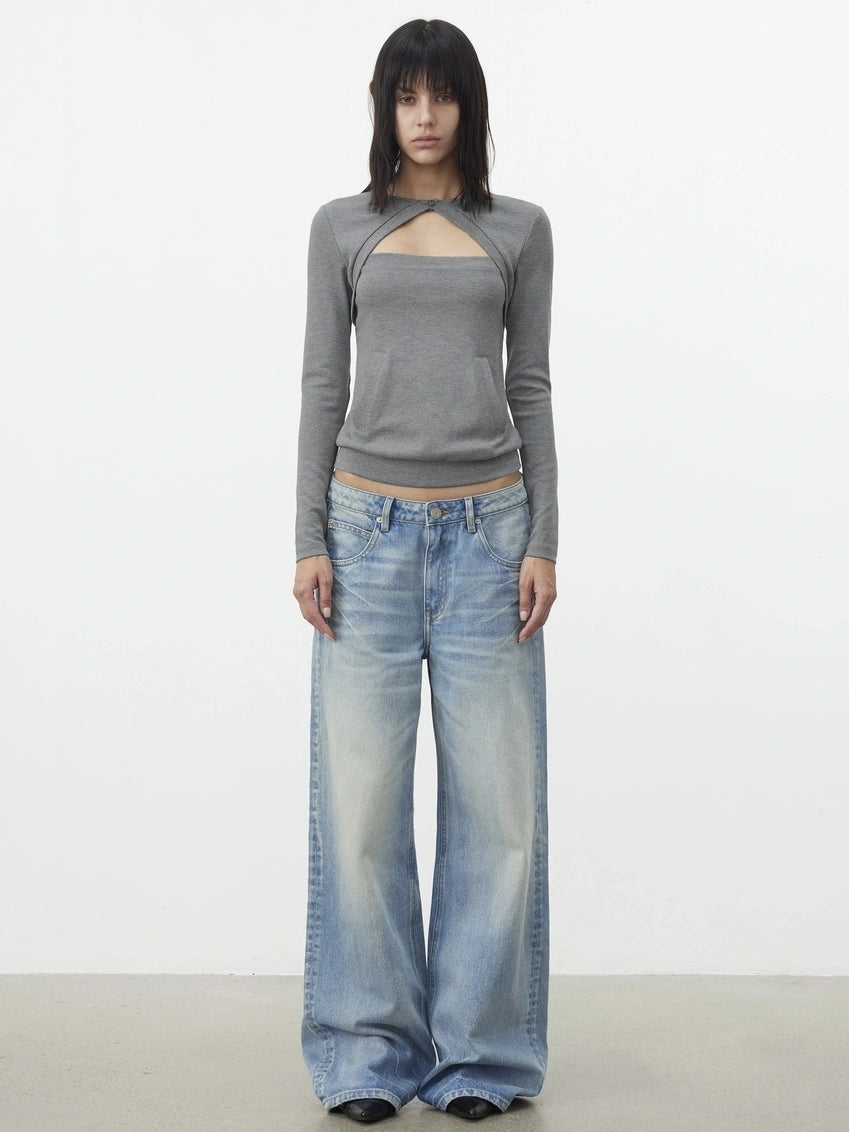 AFTADAWN Two Piece Layered Knit Top With Pockets T-shirt