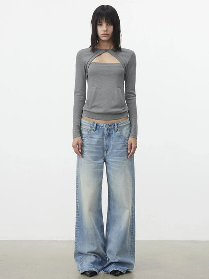 AFTADAWN Two Piece Layered Knit Top With Pockets T-shirt