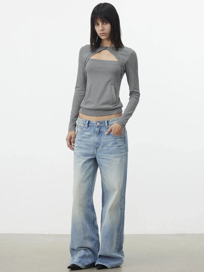 AFTADAWN Two Piece Layered Knit Top With Pockets T-shirt