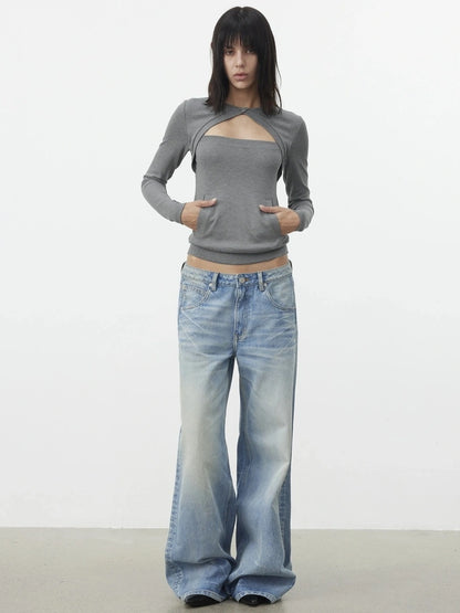 AFTADAWN Two Piece Layered Knit Top With Pockets T-shirt