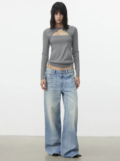 AFTADAWN Two Piece Layered Knit Top With Pockets T-shirt
