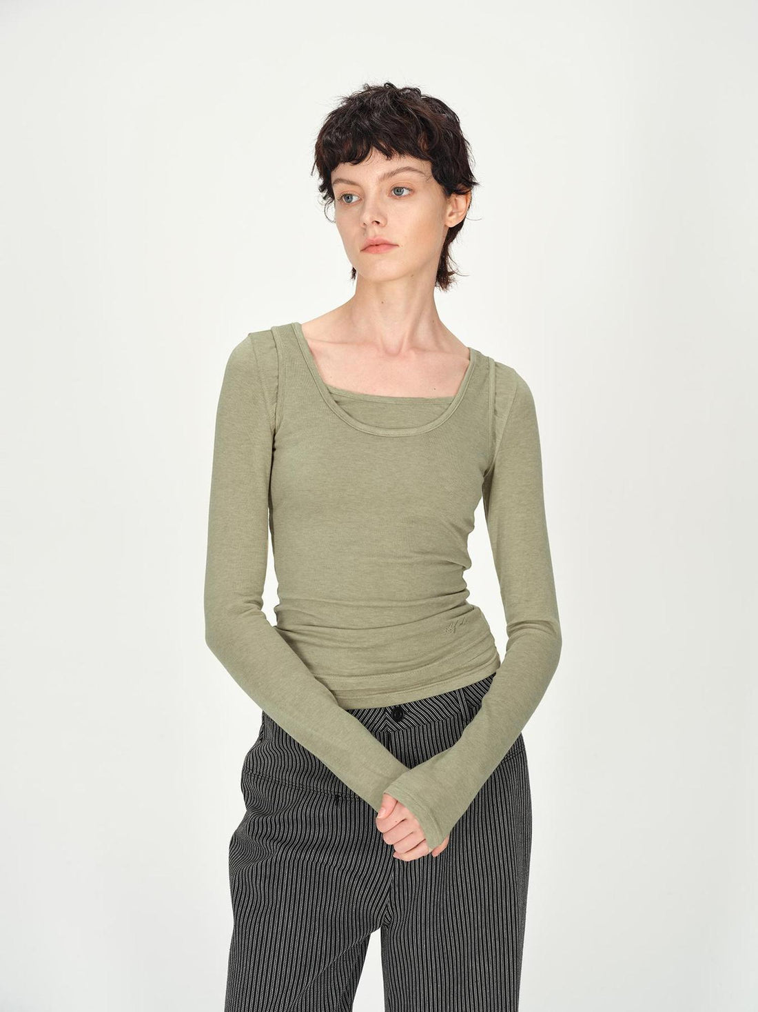 AFTADAWN Two Piece Layered Sleeveless Vest Long Sleeve Top