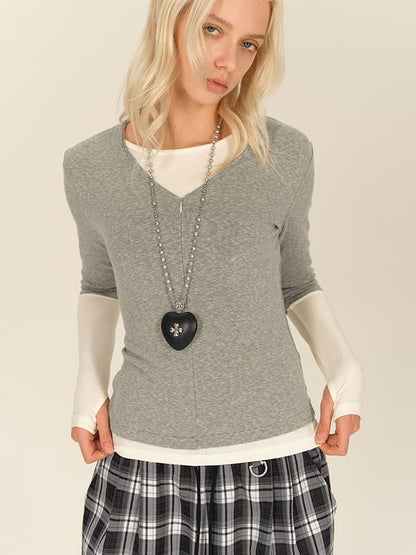 AFTADAWN Two Piece Layered V-neck Zip Front Tee