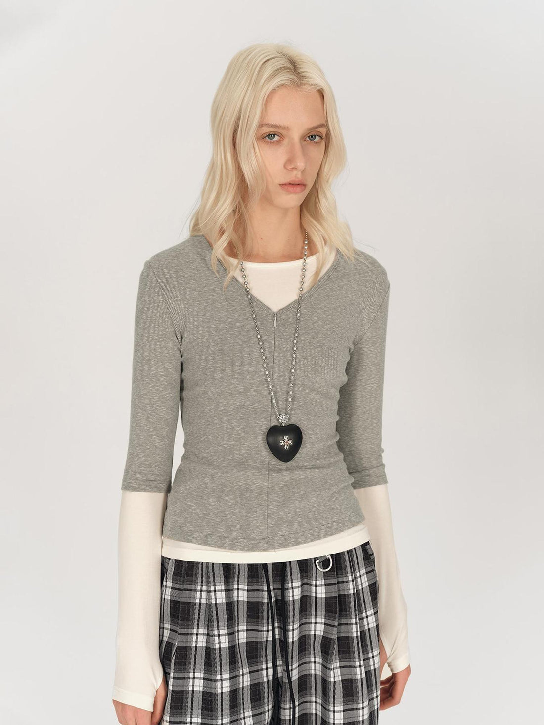 AFTADAWN Two Piece Layered V-neck Zip Front Tee