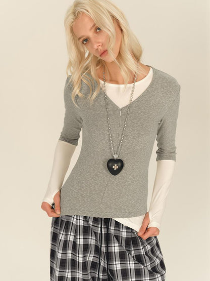 AFTADAWN Two Piece Layered V-neck Zip Front Tee