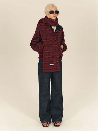 AFTADAWN Two Sided Red Plaid Oversized Reversible Jacket