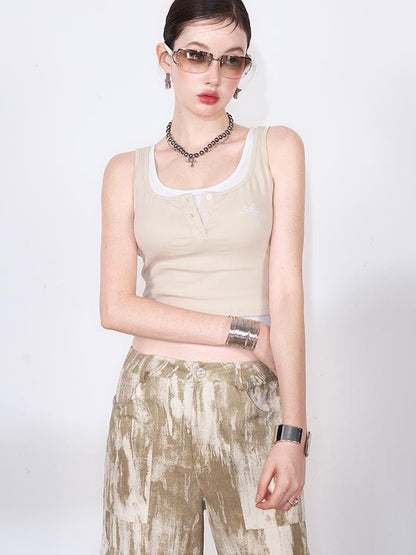 AFTADAWN Two Tone Layered Tank Top &amp; Distressed Cargo Pants Set